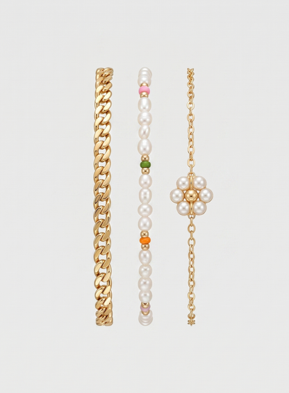 Conjunto de Pulseiras Ouro e Pérolas