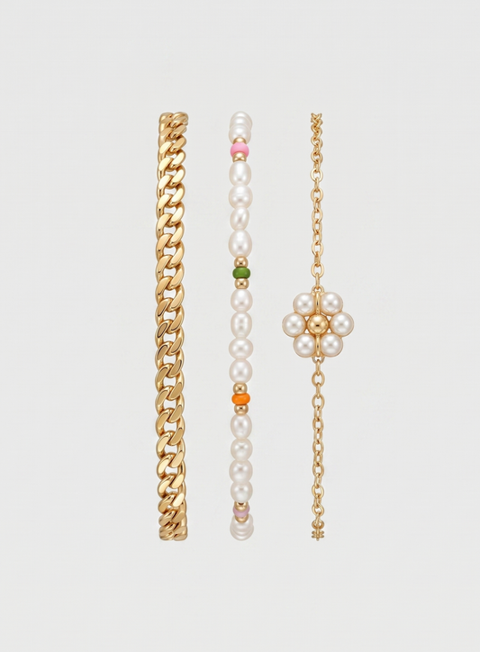 Conjunto de Pulseiras Ouro e Pérolas